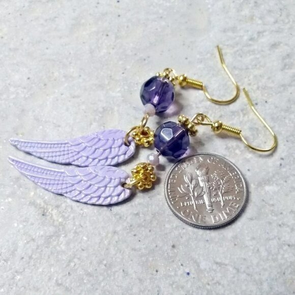 Purple, Lilac + Gold! Angel Wings Dangle Earrings! Patina Painted Wings - Picture 4 of 7
